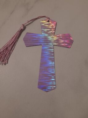 Holographic Pink Cross Bookmark with Tassel